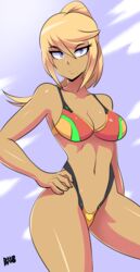  adapted_costume bad_id bad_tumblr_id bigdead bikini blonde_hair blue_eyes breasts cloud cloudy_sky collarbone cowboy_shot eyes_visible_through_hair female hair_between_eyes hand_on_own_hip highleg highleg_bikini highres long_hair metroid mole mole_under_mouth narrow_waist ponytail samus_aran signature sky solo swimsuit tan 