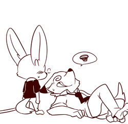  absurd_res anthro big_ears big_head black_and_white bottomwear canid canine clothed clothing disney duo fennec_fox finnick_(zootopia) fox fully_clothed hi_res lying male mammal monochrome necktie nick_wilde on_back open_mouth pants red_fox saku1saya shirt simple_background standing stunned topwear true_fox white_background zootopia 