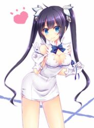  arm_ribbon black_hair blue_eyes blue_ribbon breasts cleavage commentary_request dress dungeon_ni_deai_wo_motomeru_no_wa_machigatteiru_darou_ka female gloves hair_ornament hair_ribbon hestia_(danmachi) highres long_hair medium_breasts nishijou_myu pencil_dress rei_no_himo ribbon smile solo twintails v white_dress 