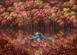  autumn autumn_leaves bird blue_eyes blue_hair bubble bush commentary female fins floating_hair forest head_fins lake looking_at_viewer mermaid monster_girl nagi_(xx001122) nature outdoors partially_submerged reflection scenery solo sunlight swimming touhou wakasagihime 