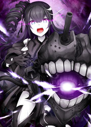  abyssal_ship anchor_hair_ornament ancient_destroyer_princess black_gloves black_hair blue_eyes cannon colored_skin commentary_request drill_hair elbow_gloves fangs female foreshortening gloves glowing glowing_eyes hair_ornament japanese_clothes kantai_collection kimono long_hair looking_at_viewer meiji_schoolgirl_uniform mole mole_under_eye multicolored_hair open_mouth pale_skin pointing pointing_at_viewer revision rui_shi_(rayze_ray) side_drill side_ponytail solo streaked_hair tasuki teeth torn_clothes turret white_skin 