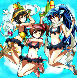  3girls :o alternate_hairstyle aosa_(michikusakan) ass bikini bikini_skirt black_hair blue_hair bracelet breasts brown_eyes brown_hair cleavage commentary_request fish food ienaga_kana jewelry keikain_yura long_hair multiple_girls nurarihyon_no_mago one_eye_closed ponytail popsicle sandals shikigami short_hair small_breasts smile striped_bikini striped_clothes swimsuit very_long_hair visor_cap water_gun yellow_eyes yuki_onna_(nurarihyon_no_mago) 