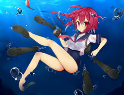  :o air_bubble bad_id bad_pixiv_id barefoot blush bubble female hair_ribbon highres hukasikasi i-168_(kancolle) kantai_collection long_hair looking_at_viewer one-piece_swimsuit ponytail red_eyes red_hair ribbon sandals school_swimsuit school_uniform serafuku shoe_dangle solo swimsuit swimsuit_under_clothes torpedo underwater 