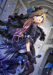  bad_id bad_pixiv_id black_dress black_gloves black_thighhighs blonde_hair blue_eyes blue_flower blue_rose bow breasts closed_umbrella dress eloosia female flower frills gloves handrail hat holding indoors long_hair looking_back medium_breasts open_mouth original petals rose rose_petals solo tears thighhighs umbrella veil wide_sleeves 