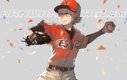  1boy ace_of_diamond baseball baseball_cap baseball_mitt baseball_uniform belt blue_eyes commentary_request hanwha_eagles hat kbo_league male_focus narumiya_mei nod6125 solo sportswear 