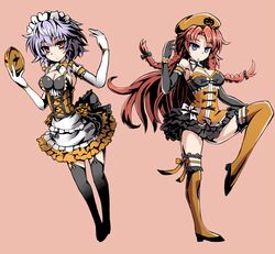  2girls alternate_costume aqua_eyes braid breasts commentary_request elbow_gloves flower full_body gloves grey_hair halloween halloween_costume hat hong_meiling izayoi_sakuya long_hair maid maid_headdress marisa_to_alice_no_cookie_storia mask medium_breasts multiple_girls pumpkin red_eyes red_hair ribbon ribbon_trim rose short_hair side_braid skirt sumapan touhou twin_braids very_long_hair 