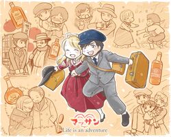  2boys 2girls age_comparison alcohol blonde_hair bottle brown_hair closed_eyes commentary_request family father_and_daughter hat holding_hands husband_and_wife kameyama_ellie kameyama_emma kameyama_masaharu kamoi_kinjirou kikka_(kikkatenten) long_hair massan_(tv_series) mother_and_daughter multiple_boys multiple_girls short_hair smile whiskey 