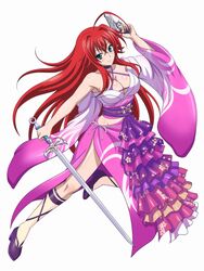  ahoge bare_shoulders blue_eyes breasts choker cleavage collarbone cosplay dress female full_body gun hair_between_eyes handgun high_school_dxd highres holding holding_gun holding_sword holding_weapon huge_ahoge large_breasts long_hair looking_at_viewer midriff_peek official_art red_hair rias_gremory simple_background sleeveless smile solo sword valkyrie_drive valkyrie_drive_-bhikkhuni- very_long_hair weapon white_background 