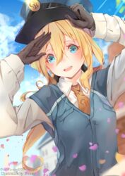  :d artist_name blonde_hair blue_eyes blue_sky blue_vest blurry blurry_background blush brown_gloves character_name cloud collared_shirt commentary day depth_of_field female glint gloves hair_between_eyes hand_on_headwear highres light_rays long_hair long_sleeves looking_at_viewer mailman necktie open_mouth outdoors petals round_teeth salute shirt signature sky smile solo star_(symbol) tareme teeth uniform upper_body vest violet_evergarden violet_evergarden_(series) white_shirt wing_collar xhunzei yellow_necktie 