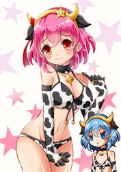  2girls absurdres animal_ears animal_print bad_id bad_pixiv_id bell bikini blue_eyes blue_hair breasts cleavage cow_ears cow_print cowbell cowboy_shot dorothy_west front-tie_top genderswap_(mtf) hair_ornament highres jealous large_breasts multiple_girls navel pink_eyes pink_hair pretty_series pripara reona_west rule_63 shiny_skin short_hair siblings soraryu_saworu star_(symbol) star_hair_ornament swimsuit triangle_mouth twins upper_body 