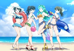  4girls :o adjusting_clothes adjusting_headwear alternate_hairstyle ball beach beachball bikini bikini_skirt black_hair blue_bikini blue_eyes blue_nails blue_sarong blue_sky boots breasts brown_eyes brown_hair cloud cloudy_sky collarbone commentary_request cone_horns creator_connection day feet flip-flops frilled_skirt frills front-tie_bikini_top front-tie_top green_bikini green_eyes green_hair green_neckwear grin hair_rings hat hat_ribbon hatorion high_heel_boots high_heels highres higurashi_kagome holding horns inflatable_dolphin inflatable_toy innertube inuyasha kyoukai_no_rinne layered_skirt leaning_forward leaning_to_the_side leg_up legs lens_flare light_particles long_hair looking_at_viewer lum mamiya_sakura medium_breasts microskirt multiple_girls nail_polish navel ocean open_mouth outdoors p-chan parted_lips pig_print piglet pink_bikini pink_nails pleated_skirt pointy_ears ponytail ranma_1/2 red_ribbon ribbon sailor_bikini sailor_collar sandals sarong shadow short_hair side-tie_bikini_bottom side_ponytail single_horizontal_stripe skindentation skirt sky small_breasts smile standing strappy_heels sun_hat super_soaker swim_ring swimsuit tendou_akane toeless_footwear toenail_polish toenails toes urusei_yatsura white_hair yellow_bikini yellow_footwear 