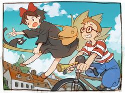  1boy bicycle black_cat black_hair bow broom broom_riding brown_hair commentary_request dress feline female glasses grin hairbow jiji_(majo_no_takkyuubin) kiki_(majo_no_takkyuubin) lee_hyeseung majo_no_takkyuubin outdoors ribbon riding short_hair smile studio_ghibli tombo_(majo_no_takkyuubin) witch 