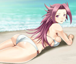  ass beach bikini breasts commentary_request female jun&#039;you_(kancolle) kantai_collection large_breasts long_hair looking_at_viewer lying muhi11234 on_stomach outdoors pink_eyes pink_hair purple_eyes purple_hair sideboob smile solo swimsuit water white_bikini 