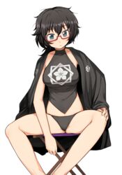  bikini black_bikini black_hair blue_eyes blush chinese_clothes commentary_request dudou female girls_und_panzer glasses halterneck haori japanese_clothes jimiko kumadano octagram open_mouth oryou_(girls_und_panzer) red-framed_eyewear sakamoto_clan_(emblem) semi-rimless_eyewear short_hair sitting solo spread_legs swimsuit under-rim_eyewear 