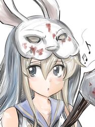  anchor_hair_ornament animal_head axe blonde_hair blood commentary_request dead_by_daylight female grey_eyes hair_between_eyes hair_ornament holding holding_axe inoue_kousei kantai_collection long_hair musical_note parted_lips rabbit_head shimakaze_(kancolle) shirt sleeveless sleeveless_shirt solo the_huntress_(dead_by_daylight) upper_body veil white_background 