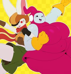  anthro belly big_belly big_breasts bottomwear breasts checkered checkered_background clothing dragon_ball dragon_ball_super duo eyelashes female gloves handwear hat headgear headwear hi_res lagomorph leporid mammal open_mouth overweight pattern_background rabbit red_eyes ribrianne scarf shorts simple_background sorrel sssonic2 thick_thighs yellow_background 