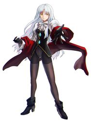  black_pantyhose caren_hortensia commentary_request cosplay crotch_seam fate/hollow_ataraxia fate_(series) female franziska_von_karma_(cosplay) gyakuten_saiban homutatu karuma_mei long_hair pantyhose red_scarf scarf shroud_of_magdalene solo white_hair yellow_eyes 