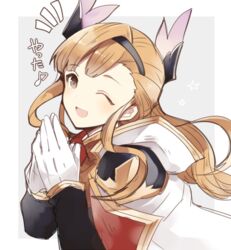  asymmetrical_bangs brown_eyes close-up coat commentary_request female from_side gloves granblue_fantasy hair_ornament long_hair nozomu144 one_eye_closed open_mouth orange_hair own_hands_together smile solo tweyen_(granblue_fantasy) upper_body white_gloves 