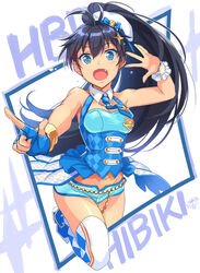  antenna_hair argyle_clothes argyle_legwear armpits bare_shoulders black_hair blue_bow blue_eyes blue_gloves blue_necktie blue_shorts blush bow breasts character_name cleavage commentary_request detached_collar female fingerless_gloves ganaha_hibiki gloves groin hair_between_eyes hair_ornament hairbow high_ponytail idol idolmaster idolmaster_(classic) long_hair looking_at_viewer medium_breasts navel necktie oerba_yun_fang okitakung open_mouth short_shorts shorts single_glove solo star_(symbol) star_hair_ornament stomach thighhighs twinkle_star_(idolmaster) underbust very_long_hair white_thighhighs wrist_cuffs 