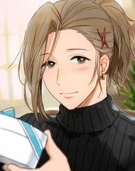  1boy blush brown_eyes brown_hair commentary_request earrings gift hair_ornament hairclip hoshimaru_daichi idolmaster idolmaster_side-m jewelry male_focus ponytail smile solo watanabe_minori 