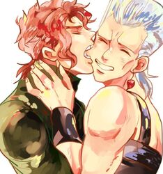  2boys biting cheek_biting commentary_request flattop jean_pierre_polnareff jojo_no_kimyou_na_bouken kakyoin_noriaki male_focus multiple_boys okome_oisii paint.net_(medium) red_hair white_hair yaoi 