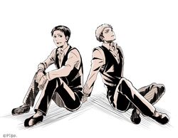  2boys bad_id bad_pixiv_id epiko_(aki) jean_kirstein marco_bott monochrome multiple_boys shingeki_no_kyojin sitting sweater_vest 