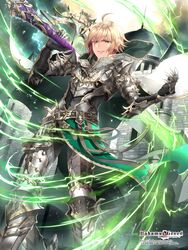  1boy ahoge araragi_soushi armor bahamut_greed belt black_gloves blonde_hair cape commentary_request copyright_name fantasy gauntlets gloves greaves green_eyes highres holding holding_sword holding_weapon male_focus official_art over_shoulder parted_lips slashing standing sword watermark weapon web_address white_cape 