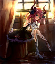  blood blue_eyes commentary_request detached_sleeves dress elizabeth_bathory_(fate) elizabeth_bathory_(fate/extra_ccc) elizabeth_bathory_(first_ascension)_(fate) fate/extra fate/extra_ccc fate_(series) female highres horns long_hair pink_hair pointy_ears shoes single_shoe sitting solo tail two_side_up zhu_xiang 