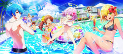  3boys 4girls :d ;d animal_ears arm_up bikini black_bikini blonde_hair blue_hair breasts brown_hair cat_ears character_request charlotte_(shironeko_project) cleavage closed_eyes collarbone dark_skin day flower green_eyes groin hair_between_eyes hair_flower hair_ornament head_tilt heterochromia hibiscus highres holding innertube jewelry long_hair looking_at_viewer looking_back luca_(shironeko_project) medium_breasts multiple_boys multiple_girls necklace oerba_yun_fang one_eye_closed open_mouth outdoors palm_tree pink_flower pink_hair pool red_eyes red_flower red_hair shiny_skin shironeko_project side_ponytail sitting smile standing striped_bikini striped_clothes swim_ring swimsuit transparent tree underboob white_bikini yellow_bikini yellow_flower 