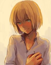  androgynous apple armin_arlert bad_id bad_pixiv_id banned_artist blonde_hair blouse blue_eyes blush food fruit looking_at_viewer male_focus mitsu_(imoimou) shingeki_no_kyojin simple_background smile solo 