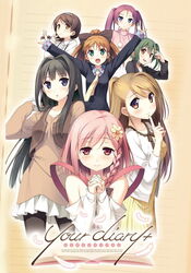  6+girls :&lt; :d \o/ arms_up ayase_sayuki blue_eyes blush book brown_eyes brown_hair casual english_text enomoto_kaho feathers finger_to_mouth fujimura_natsuki green_eyes green_hair hair_intakes hair_ornament hairclip highres hirosaki_kanade ichinose_hotori kantoku long_hair long_sleeves minagawa_yuuhi multiple_girls necktie one_side_up open_book open_mouth outstretched_arms own_hands_clasped own_hands_together pink_eyes pink_hair ponytail single_hair_intake smile twintails your_diary yua_(your_diary) 