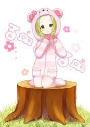  absurdres animal_ears animal_hood bad_id bad_pixiv_id bear_ears bear_hood bow commentary_request drawstring female fingernails forehead green_eyes green_hair head_tilt highres hood hood_up hoodie kuma_no_yume long_sleeves looking_at_viewer morinaka_kazaki morinaka_kazaki_(1st_costume) nijisanji parted_bangs parted_lips paw_shoes pink_bow pocket polka_dot polka_dot_bow shoes sitting sleeves_past_wrists solo striped_clothes striped_hoodie translation_request tree_stump virtual_youtuber wariza white_background 