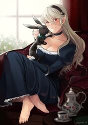  animal barefoot breasts choker cleavage commentary_request corrin_(female)_(fire_emblem) corrin_(fire_emblem) couch dress female fire_emblem fire_emblem_fates grey_hair hair_between_eyes hair_ornament hairband long_hair looking_at_viewer plaemon pointy_ears rabbit red_eyes smile solo white_hair 