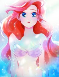  ariel_(disney) artist_name backlighting bad_id bad_twitter_id blue_eyes buruburu18 closed_mouth expressionless female highres lipstick long_hair makeup navel red_hair red_lips shell shell_bikini solo sunlight the_little_mermaid twitter_username underwater very_long_hair 