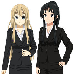  2girls aged_up akiyama_mio black_hair blonde_hair blue_eyes business_suit commentary_request cp9a formal grey_eyes jacket k-on! kotobuki_tsumugi long_hair multiple_girls pencil_skirt photoshop_(medium) ponytail shirt skirt skirt_suit suit white_shirt 