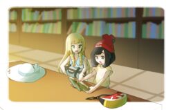  2girls bag bare_shoulders beanie beige_shirt black_hair blonde_hair blue_eyes book bookshelf border braid female green_eyes hand_up hat hat_removed holding indoors library lillie_(pokemon) long_hair looking_down miu_(miuuu_721) mizuki_(pokemon_sm) multiple_girls open_book open_mouth outstretched_arms poke_ball_theme reading red_hat shirt short_hair short_sleeves sleeveless smile sun_hat tied_hair twin_braids undershirt upper_body white_border white_hat 