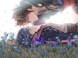  1boy ahoge arm_support backlighting blue_flower blue_hair blurry blush brown_hair bug butterfly closed_eyes closed_mouth commentary day depth_of_field english_commentary face-to-face facing_another female fire_emblem fire_emblem_awakening flower forget-me-not_(flower) from_side gloves glowing_butterfly half-closed_eyes high_collar hood jacket krazehkai light_smile lon&#039;qu_(fire_emblem) looking_at_another lying on_back on_grass on_ground outdoors petals profile purple_butterfly robin_(female)_(fire_emblem) robin_(fire_emblem) short_hair upper_body 