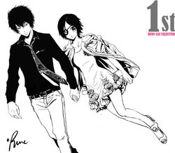  1boy belt breasts chrome_dokuro commentary_request dress eyepatch female formal greyscale hibari_kyouya katekyo_hitman_reborn! looking_at_viewer monochrome necktie runesque short_hair 