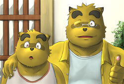  2011 anthro brother_(lore) brothers_(lore) brown_body brown_fur canid canine clothing duo eyewear fur glasses kounosuke_(morenatsu) male mammal morenatsu one_eye_closed overweight overweight_male poge_jirushi raccoon_dog shirt sibling_(lore) tanuki topwear translated_description wink yukiharu_kuri 