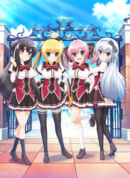  4girls arms_behind_back black_hair black_legwear blonde_hair blue_eyes blue_ribbon brown_eyes cloud day hair_ribbon highres key_visual long_hair looking_at_viewer miyase_mihiro multiple_girls narumi_toa official_art open_mouth outdoors pantyhose pink_hair pleated_skirt promotional_art ribbon rokuonji_kaoruko sakuragi_roofolet_ashe silver_hair skirt sky smile socks thighhighs twintails wagamama_high_spec waving white_legwear white_ribbon 