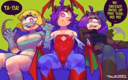  1_eye :&lt; ahoge annie_(anaid) ansel_(anaid) arima_(anaid) armwear big_breasts big_eyes big_tail blonde_hair breasts brother_(lore) brother_and_sister_(lore) bulge butt_wings capcom clothed clothing conto cosplay crossdressing cyclops darkstalkers dialogue english_text eyelashes family female femboy footwear front_view frown fully_clothed group hair halloween happy head_wings headgear headwear hi_res holidays horn horned_tailclops humanoid legwear light_body light_skin lilith_aensland lipstick long_tail looking_at_viewer low-angle_view makeup male monster_girl_(genre) multicolored_body multicolored_skin noseless not_furry open_mouth open_smile piercing pink_eyes pupils purple_hair sad sharp_teeth sibling_(lore) sister_(lore) sisters_(lore) skimpy smile speech_bubble tail tailclops_(race) tailclops_(species) talking_to_viewer teeth text twins_(lore) two_tone_body two_tone_skin white_pupils wings wrappings 