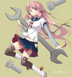  akashi_(kancolle) blush bolt_(hardware) commentary_request female green_eyes hair_ribbon hip_vent kantai_collection long_hair looking_at_viewer meganei oversized_object pink_hair ribbon school_uniform serafuku skirt smile solo thighhighs tress_ribbon very_long_hair wrench 