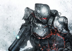  1boy armor backpack bag glowing gun helmet hetza_(hellshock) looking_to_the_side male_focus original power_armor rifle science_fiction shark_nose_art snow snowing solo weapon 