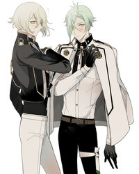  2boys bad_id bad_pixiv_id black_gloves blonde_hair blush commentary cosplay costume_switch eyes_visible_through_hair gloves green_hair hair_over_one_eye higekiri_(touken_ranbu) hizamaru_(touken_ranbu) jacket jacket_on_shoulders multiple_boys nair_(mindcreator) photoshop_(medium) touken_ranbu yellow_eyes 