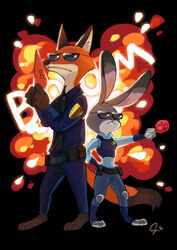  2016 anthro barefoot canid canine clothing cool_guys_don&#039;t_look_at_explosions digital_media_(artwork) dipstick_tail disney duo explosion eyewear feet female food fox fur grey_body grey_fur inner_ear_fluff judy_hopps lagomorph leporid long_ears male mammal markings multicolored_tail nick_wilde orange_body orange_fur pawpsicle pen police police_uniform popsicle rabbit red_fox shade-shark sound_effects sunglasses tail tail_markings true_fox tuft uniform zootopia 