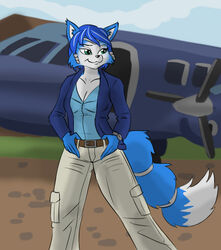  accessory aircraft airplane anthro baneposting batman_(series) belt black_nose blue_body blue_fur blue_hair breasts canid canine cia clothing cloud dc_comics female fox fur green_eyes hair hair_accessory hi_res krystal_(star_fox) mammal meme nintendo outside parody short_hair sky smile solo star_fox the_dark_knight_rises_(movie) unknown_artist vehicle white_body white_fur 