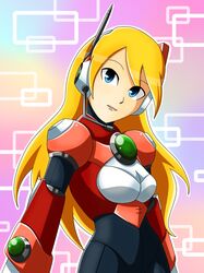  alia android blonde_hair blue_eyes breasts capcom female framed_breasts headphones long_hair medium_breasts rockman rockman_x solo sunnythesunflower 