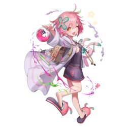  back bag coat female full_body hair_ornament mot_(artist) oerba_yun_fang official_art one_eye_closed open_mouth pink_hair potion slippers solo star_(symbol) star_ocean star_ocean_anamnesis transparent_background verda_kleiman yellow_eyes 