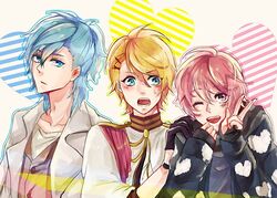  3boys bad_id bad_pixiv_id bellbachohu_0930 blonde_hair blue_eyes blue_hair blush grey_eyes hair_ornament hairclip kurusu_shou male_focus mikado_nagi mikaze_ai multiple_boys one_eye_closed open_mouth pink_hair scarf smile sweat uta_no_prince-sama uta_no_prince-sama_maji_love_2000_percent v 