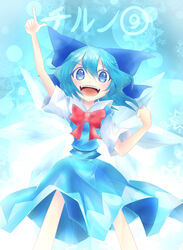  (9) blue_eyes blue_hair blush character_name cirno dress fangs female guuchama hair_ribbon happy highres ice ice_wings open_mouth ribbon short_hair short_sleeves smile solo text touhou translated wings 